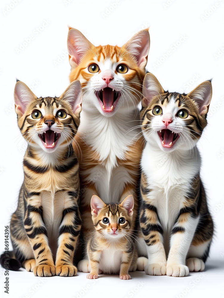Poster a portrait of three surprised animals, cats and a mouse, isolated against a white background with tr