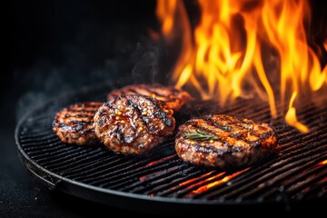 Grilling juicy burger patties over an open flame, showcasing culinary art and grilling techniques in a vibrant display of heat and flavor