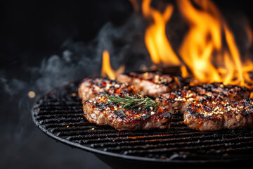 Grilling steaks with flames and smoke enveloping a barbecue at night, showcasing sizzling meat and aromatic herbs enhancing flavor