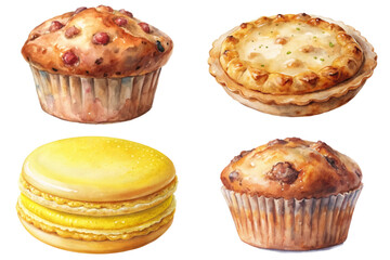 Watercolor baked goods, delicious pastries, colorful muffins, sweet macarons, artistic food illustration.