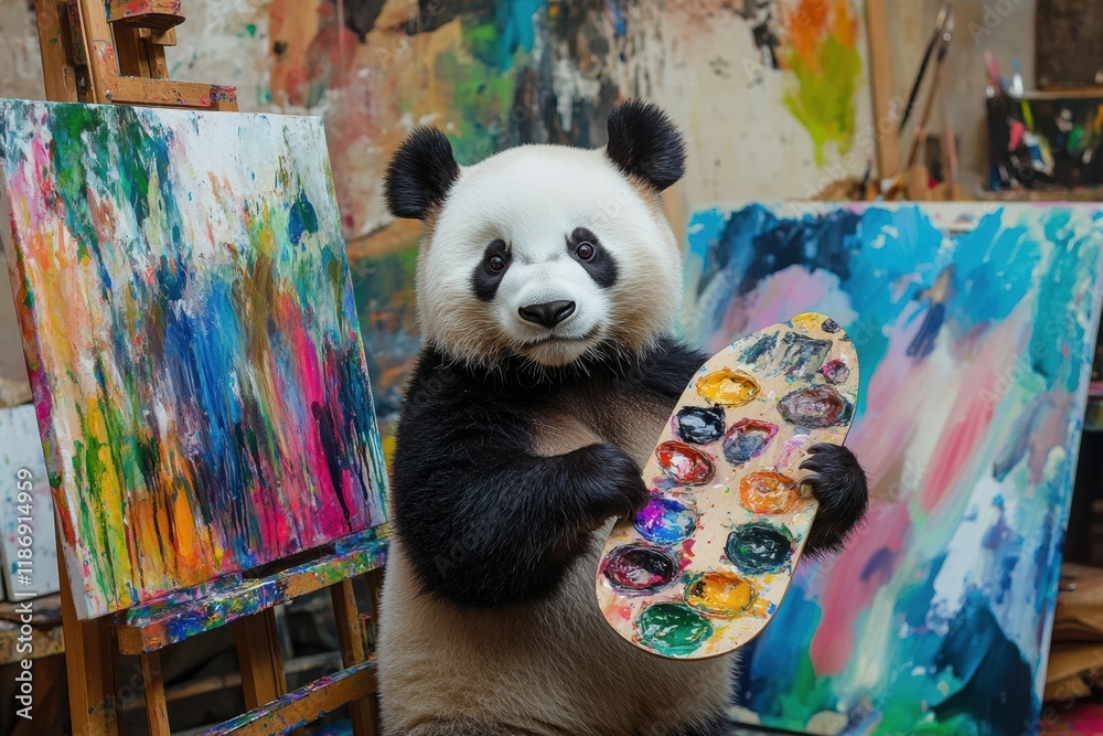 Aufkleber panda engaged in creative art with a paintbrush and palette in a vibrant studio environment. generat
