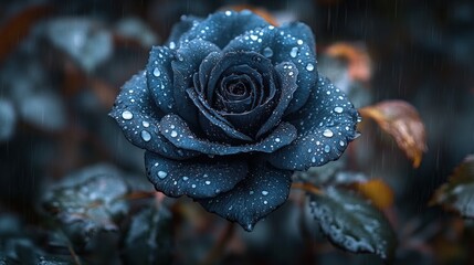 Dark blue rose with rain drops.