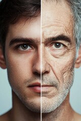 Exploring the contrast between youth and age through facial features and expressions in a striking split image
