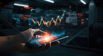 Futuristic stock trading interface on smartphone with glowing analytics dashboard and advanced financial chart data in innovative tech environment