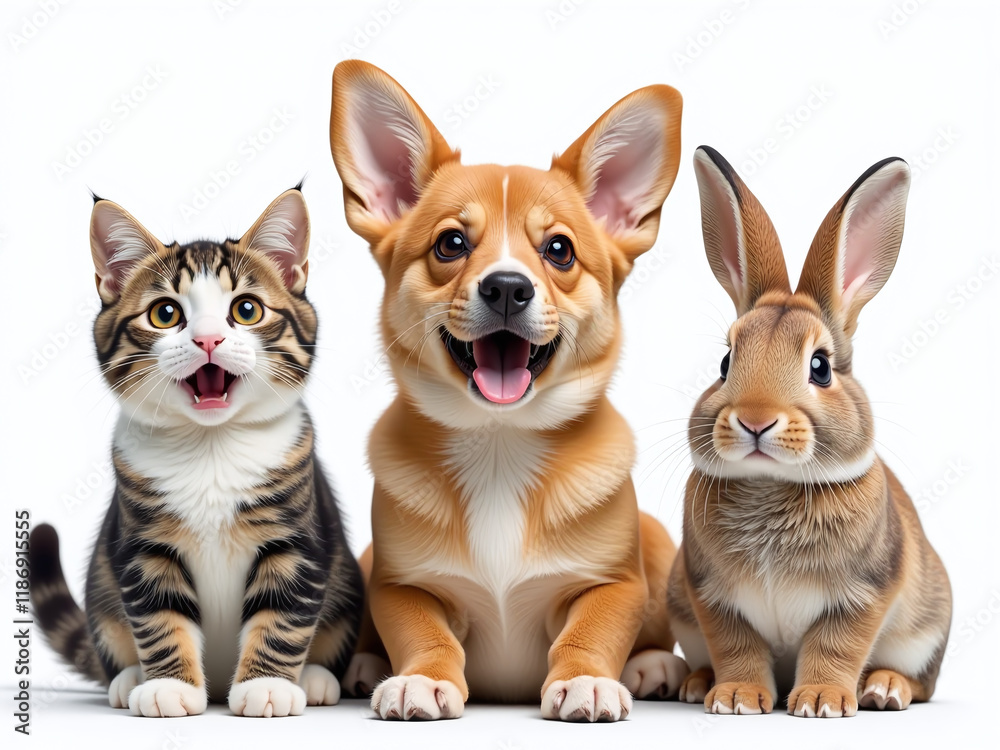 Poster a portrait of a surprised cat, dog, and rabbit generated by ai, isolated on white with a transparent
