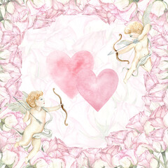 Drawing of angels and pink roses. Illustration is drawn in watercolor by human hand, suitable for decoration of textiles, albums, invitations.