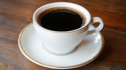 Classic white ceramic cup filled with hot black coffee on a brown wooden table : Generative AI