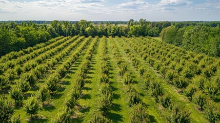 Aerial view of orchard rows, sunny day, green trees, rural landscape.