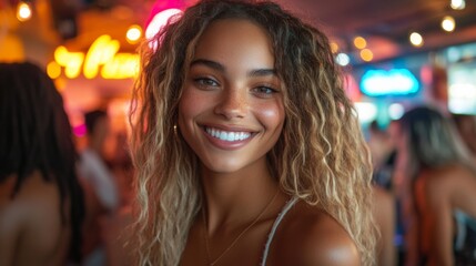 Obraz premium A young woman with wavy hair smiles joyfully while attending a lively social event. Colorful lights and a vibrant atmosphere enhance the experience in the venue.
