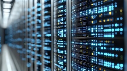 High-Tech Server Room with Rows of Data Storage Units Illuminated by LED Lights in a Modern Digital Infrastructure Environment