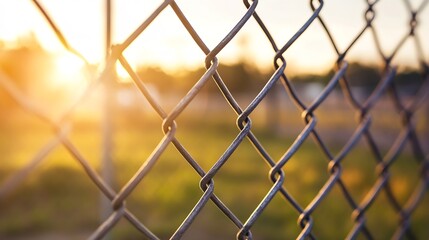 Fototapeta premium Sunlit Chain Link Fence in Golden Hour with Blurred Natural Background : Generative AI