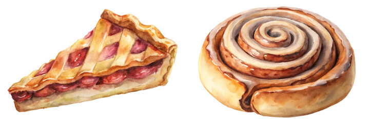 Watercolor dessert illustration, cherry pie slice, cinnamon roll, bakery art, food styling, delicious treats.