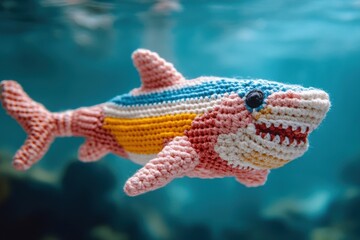 Colorful crochet shark swims through clear water, showcasing intricate handmade details and vibrant hues in a serene underwater environment