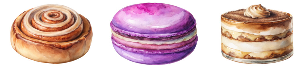 Watercolor dessert illustration, colorful pastries, sweet treats, gourmet bakery items, artistic food design.