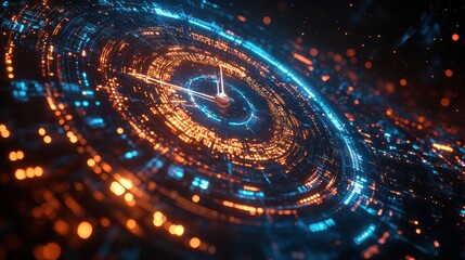 Obraz premium A clock with glowing blue and orange hands floating in front of a colorful digital abstract background. Conceptual illustration of time, speed