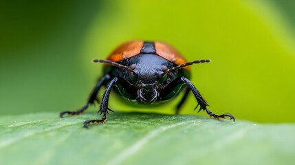 Naklejka premium CloseUp of Vibrantly Detailed Beetle on Leaf in Natural Green Environment : Generative AI