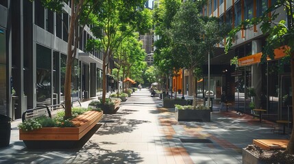 A vibrant urban walkway lined with greenery and seating, inviting leisure and social interaction.
