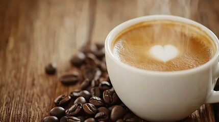 Fototapeta premium Steaming Cappuccino with Heart Design in Cozy Rustic Café Ambiance : Generative AI