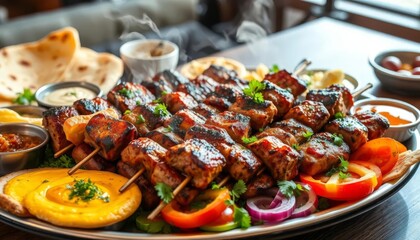 Grilled Meat Skewers with Sauces and Flatbreads