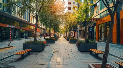 A vibrant urban street with trees, benches, and shops, promoting leisure and community interaction.