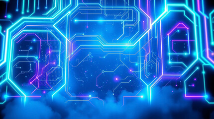 Volumetric lighting, futuristic background glowing circuit lines, abstract geometric patterns, holographic interfaces. Neon blue, purple, green