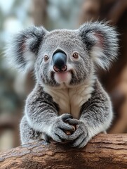 Naklejka premium Curious koala at a wildlife sanctuary in Australia engaging with visitors during a sunny afternoon