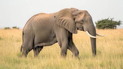 Obraz premium African elephant walking savannah grassland.