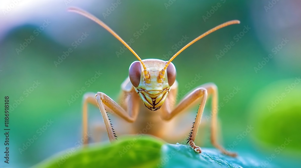 Poster Macro Shot of Grasshopper on Leaf with Vibrant Green Background and Sharp Detail : Generative AI