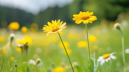 Obraz premium Vibrant Yellow Flowers Blooming in Sunlit Green Meadow Landscape : Generative AI