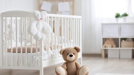 Cozy Nursery with White Crib and Plush Teddy Bear Creating a Tranquil Baby Room Ambience : Generative AI