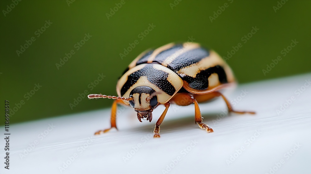 Poster macro photo of striped beetle on white surface with green background : generative ai