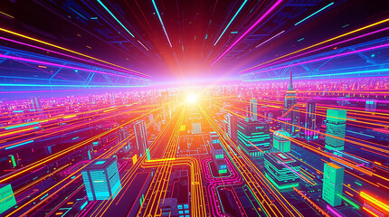 High-angle perspective, warm golden glow, lens flare. Futuristic background glowing circuit lines, abstract geometric patterns, holographic interfaces. Vibrant neon blue, purple, green