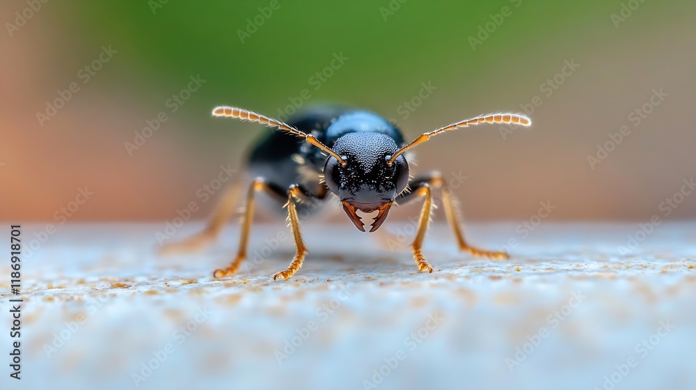 Aufkleber CloseUp Macro View of Black Beetle on Surface with Bright Green Background : Generative AI