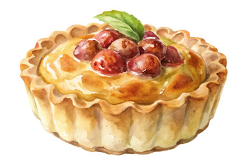 Watercolor dessert illustration, tart with berries, sweet pastry, vibrant colors, food art, culinary design.