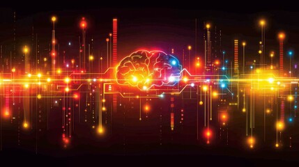 Dual-tone illustration of AI benefits and dangers, featuring a human brain morphing into a digital interface with bright innovation themes and dark risk undertones