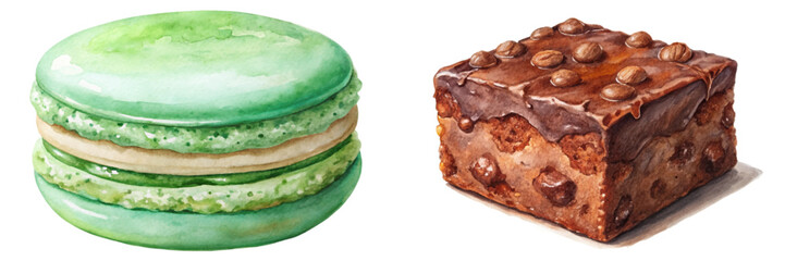 Watercolor dessert illustration, green macaron, chocolate brownie, sweet treats, bakery art, food design.