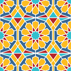 Geometric mosaic arabic seamless pattern red, blue, yellow color. Ramadan kareem traditional islamic background.