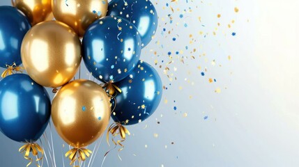 Golden and Blue Metallic Balloons Holiday Background with Confetti and Ribbons - Perfect for Celebrations, Birthdays, Anniversaries, New Year, Christmas, and Other Festive Events!