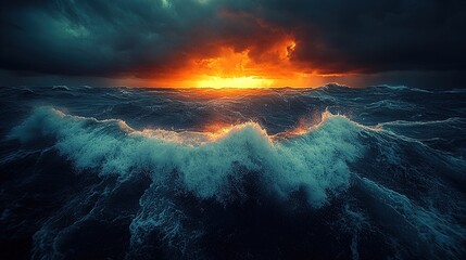 Fototapeta premium A dramatic seascape at sunset with turbulent waves under dark clouds.