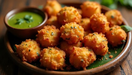 Golden Fried Potato Balls Served With Green Sauce