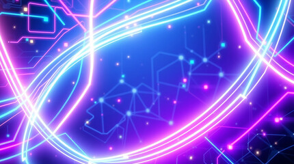 Futuristic background glowing circuit lines, abstract geometric patterns, holographic interfaces. Cool neon blue, purple, green. Digital streams, grids, 3D structures. Adorable, charming features