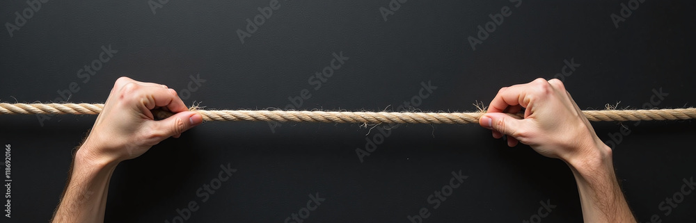 Poster a person pulls a frayed rope to opposite sides against a textured black background with copy space a