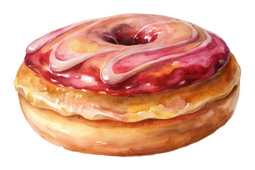Fototapeta premium Watercolor donut illustration, colorful icing, sweet dessert, food art, bakery style, vibrant colors, appetizing design.
