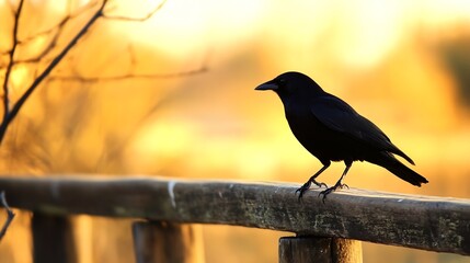 Fototapeta premium Majestic Crow Perched on Wooden Fence in Golden Hour Light for Wildlife Photography : Generative AI