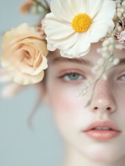 Naklejka premium Beauty of nature expressed through delicate floral crown and fresh-faced model in soft lighting during a tranquil indoor setting