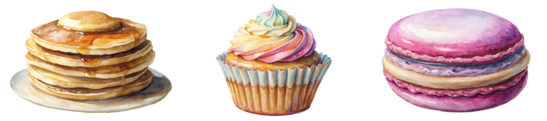 Watercolor food illustration, delicious pancakes, colorful cupcake, sweet macarons, dessert art, bakery style.