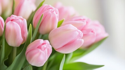 Obraz premium Delicate pink tulips in full bloom with fresh green leaves in natural daylight setting : Generative AI