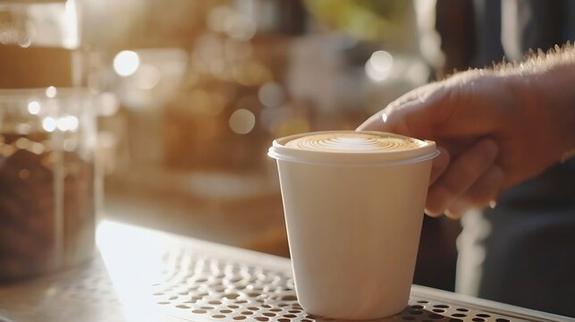 Barista serving a cup of coffee with latte art in a cozy outdoor cafe during golden hour : Generative AI