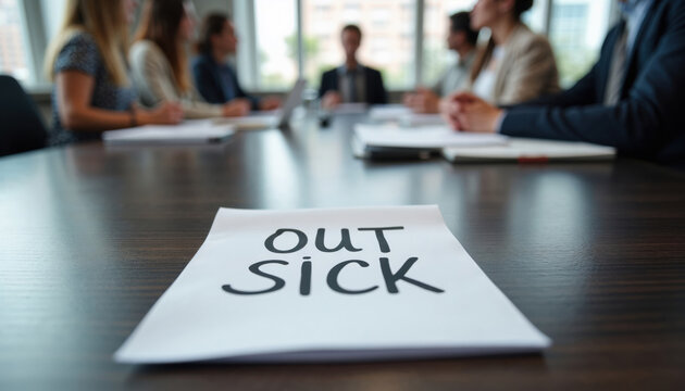 A clear 'Out sick' notice  highlights a team member's absence as a group of blurred professionals sits at a conference table in a meeting. Workplace absence concept in cold and flu season. Copy space