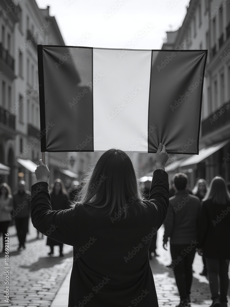 Poster A Person In A Black And White Image Holds A French Flag, With Copy Space Available To Add Additional Elements. 00001